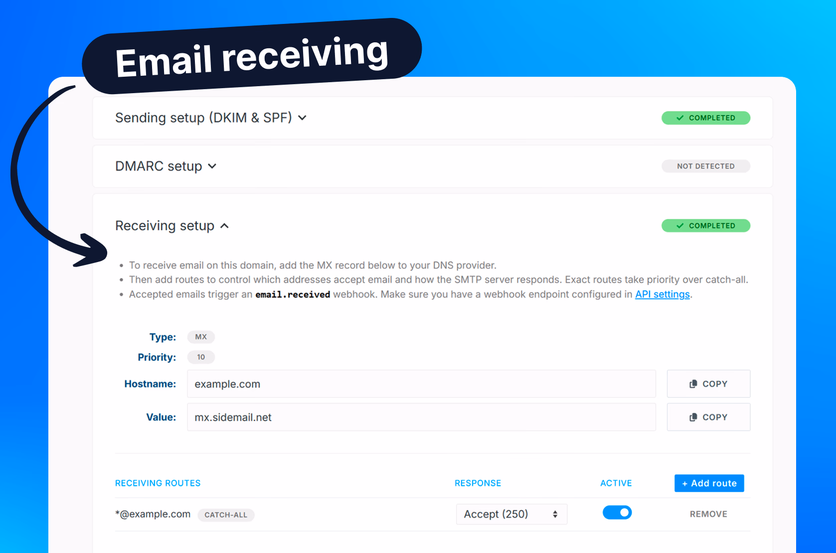 Sidemail email receiving setup
