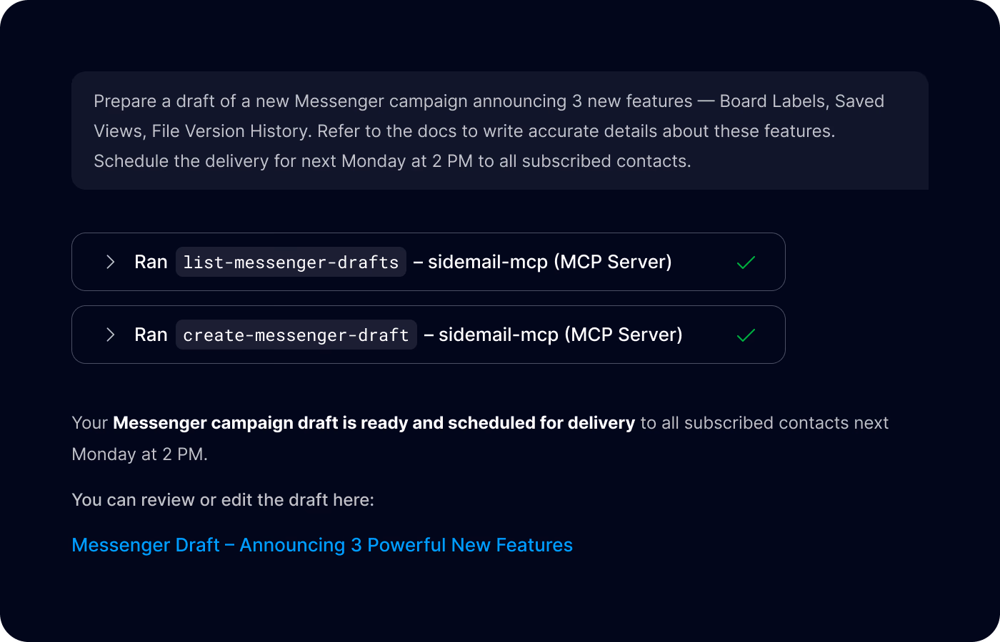 Sidemail Email MCP server – Writing a product update email via AI tool