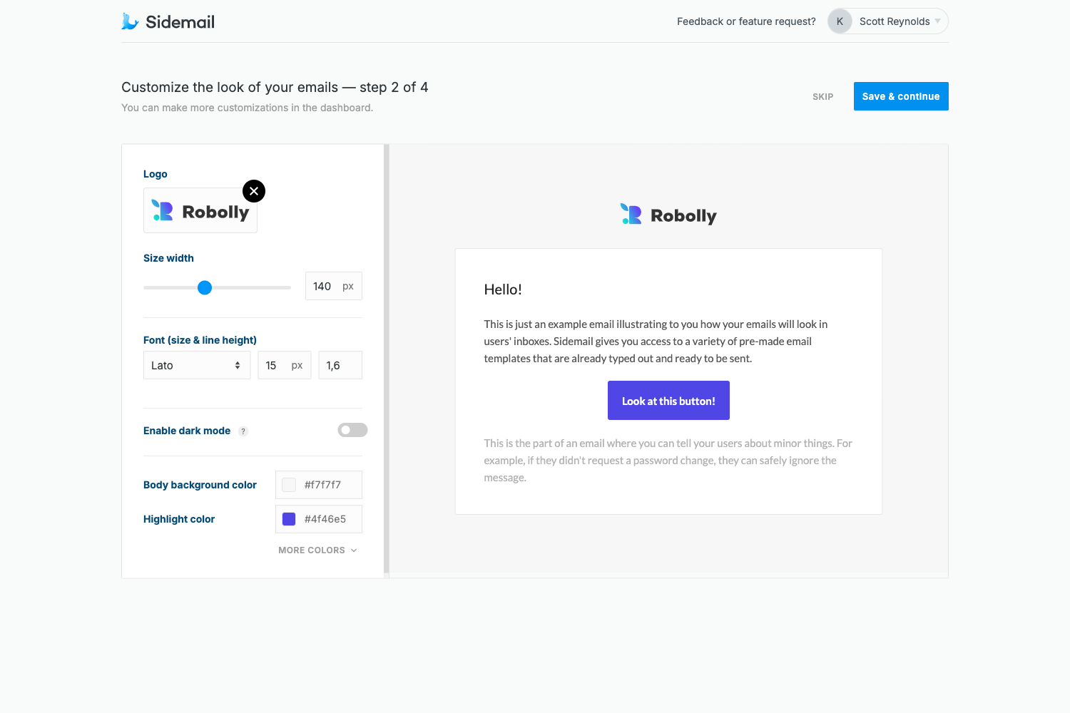 Sidemail dashboard – Create new project