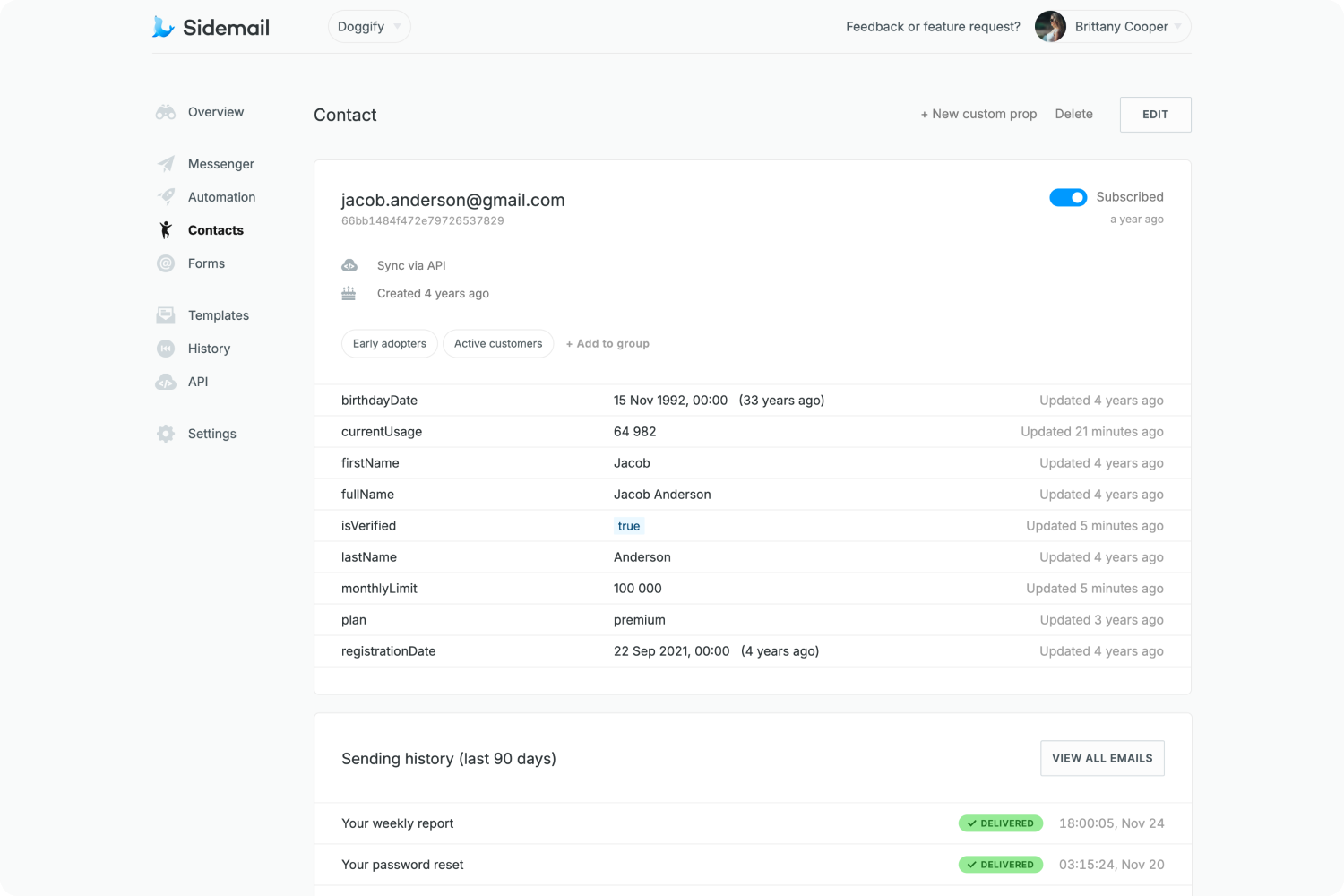 Sidemail dashboard – Contact management