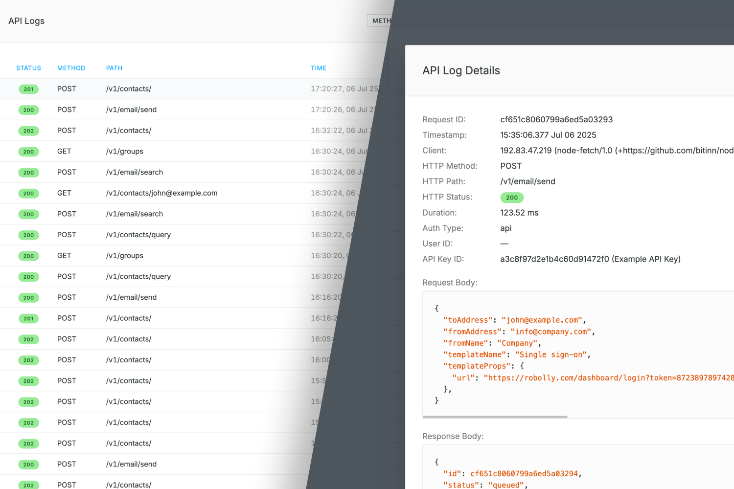 Sidemail dashboard – API logs