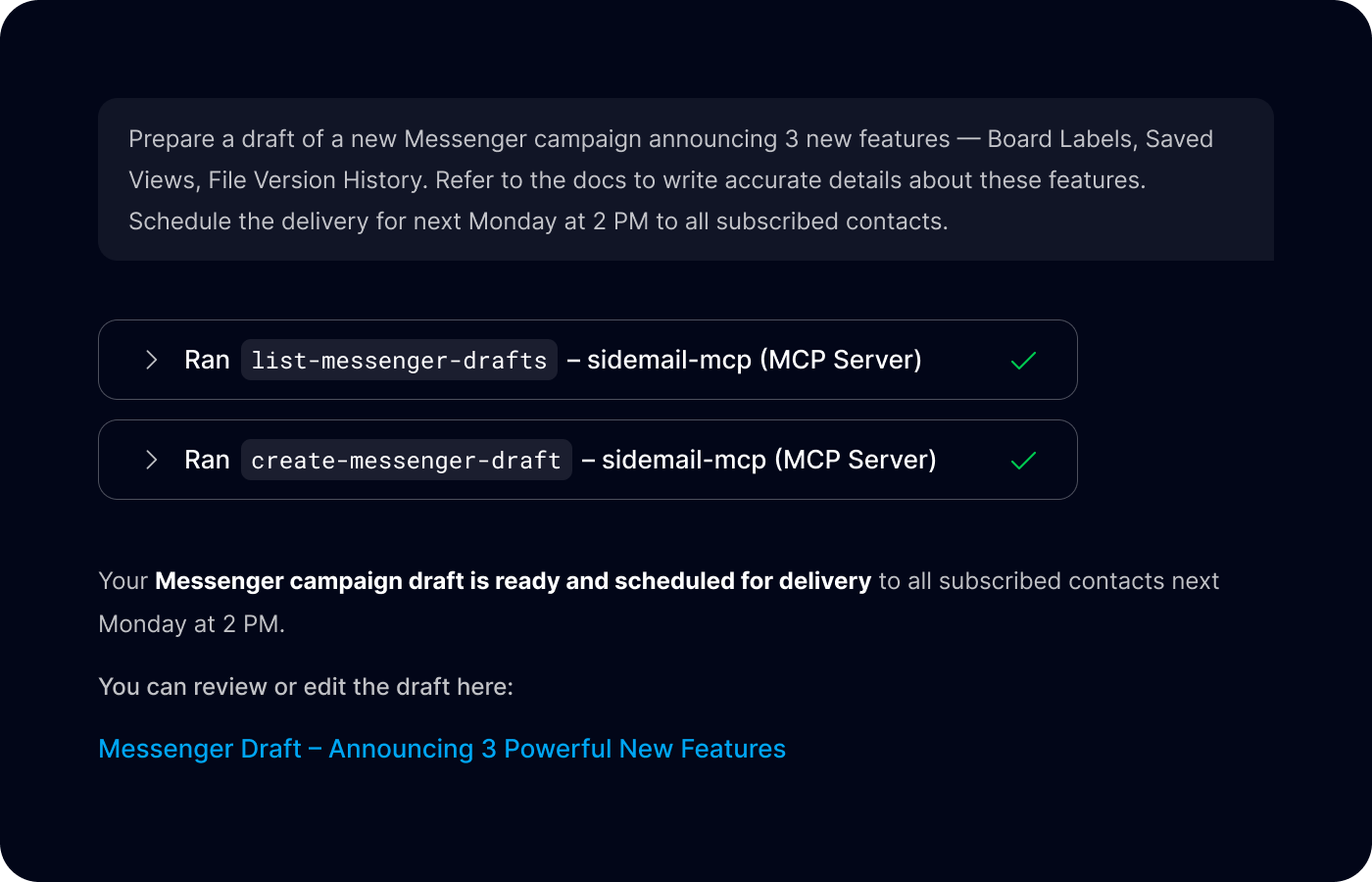 Sidemail Email MCP server – Writing a product update email via AI tool