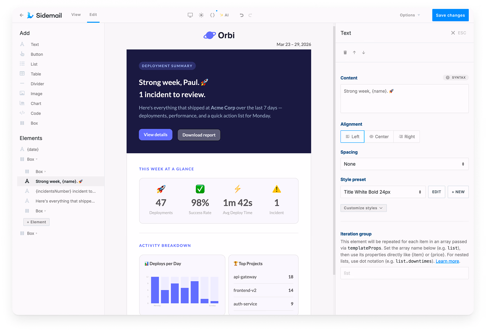Screenshot of the Sidemail email template editor