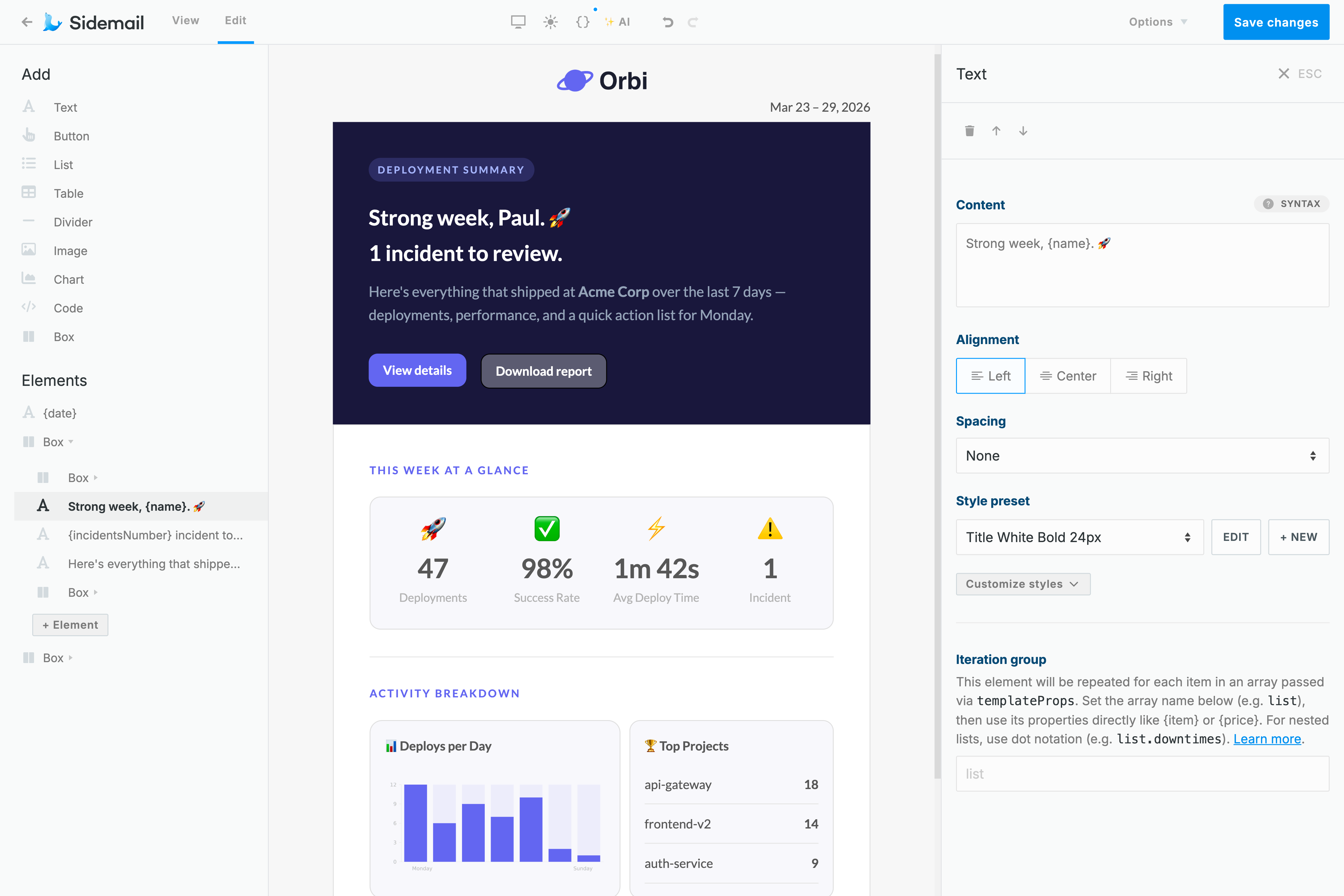 Sidemail dashboard – No-code email editor