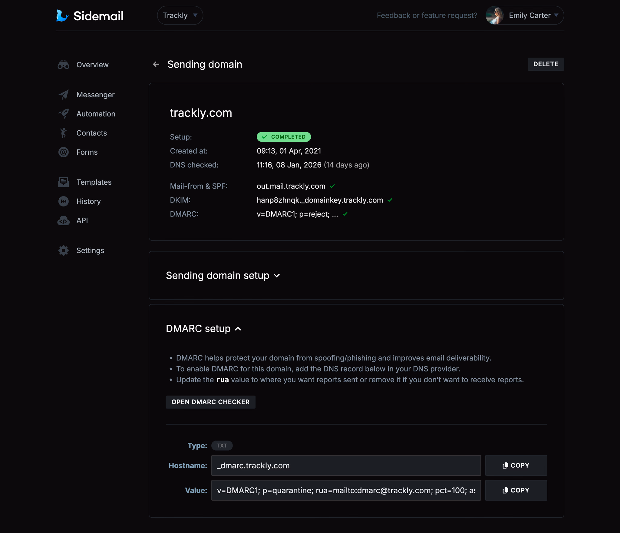 Screenshot of the Sending domain page