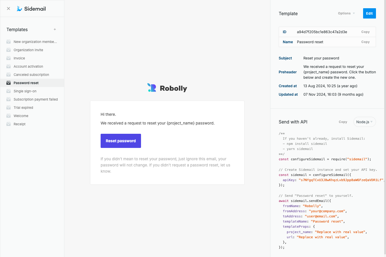 Sidemail dashboard – Email template preview with code snippets