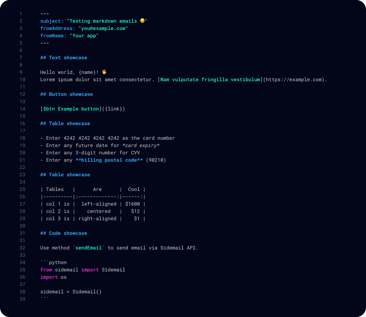 Sidemail markdown emails – Showcase of supported markdown elements