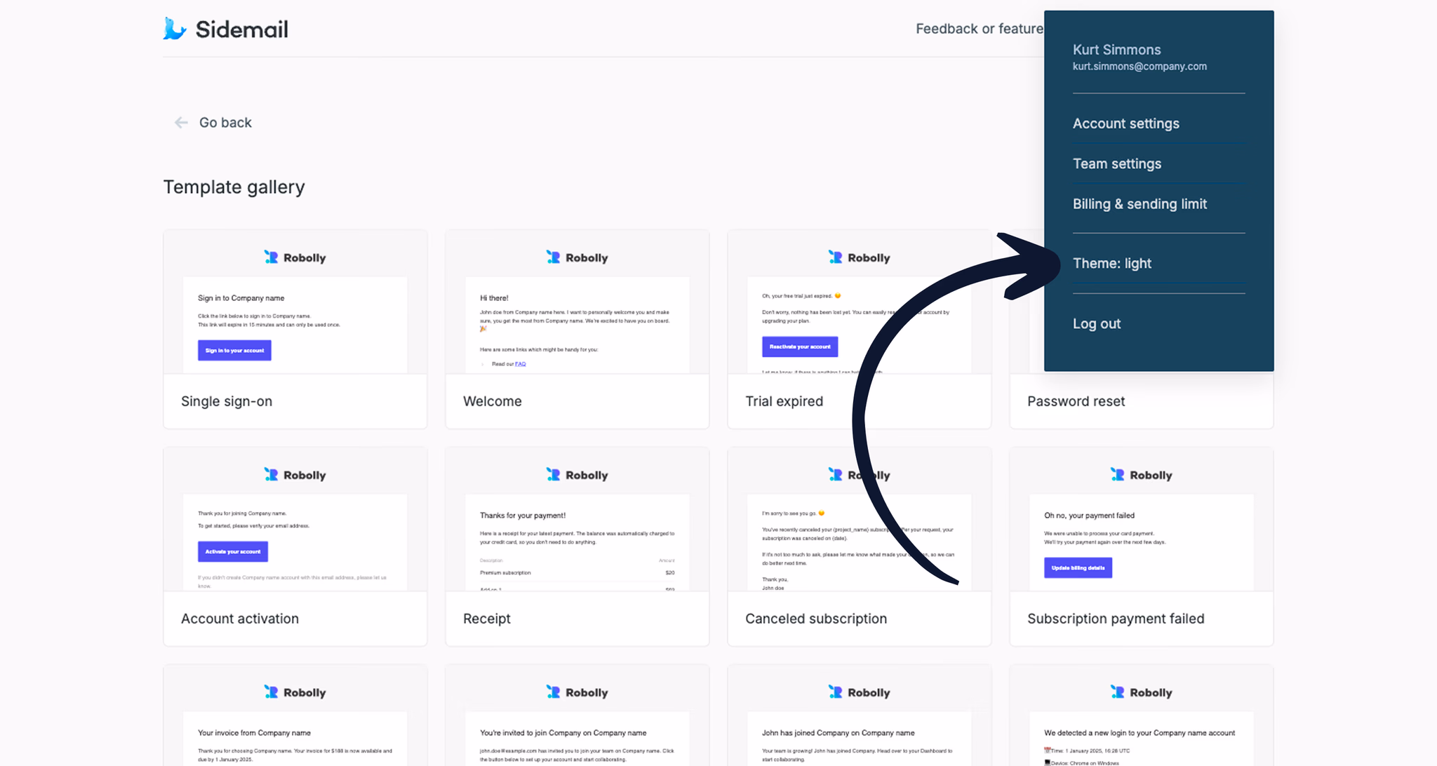 Sidemail Dashboard – Switcher between light and dark modes