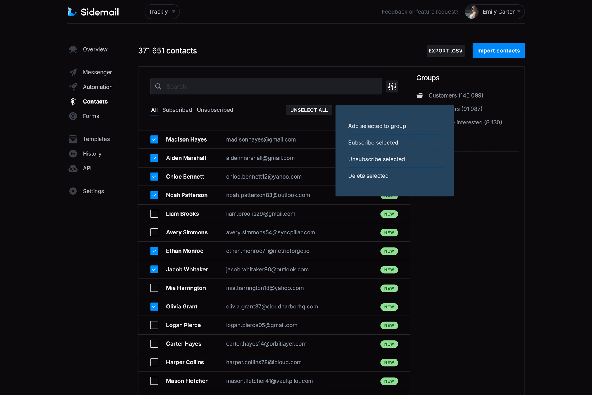 Screenshot of the Contacts page