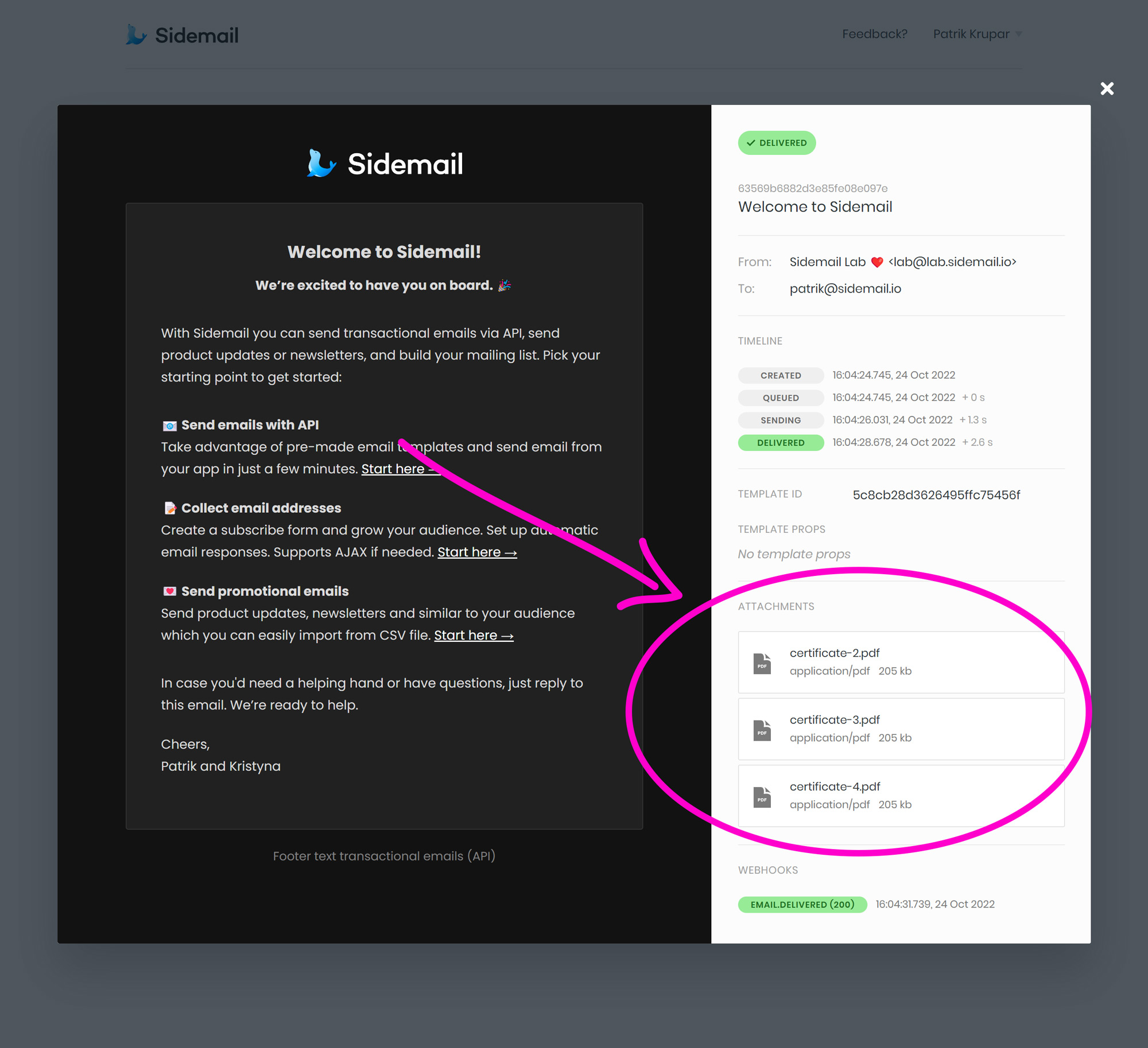 Attachment preview in Sidemail.io dashboard