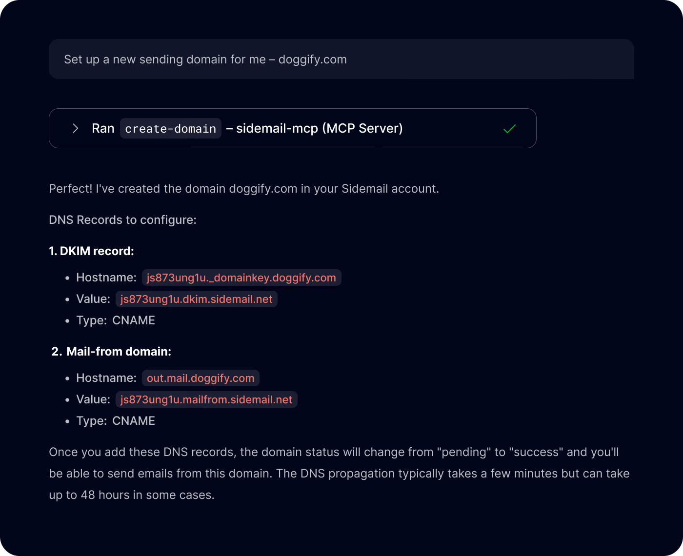 Sidemail Email MCP server – Adding a new sending domain via AI tool