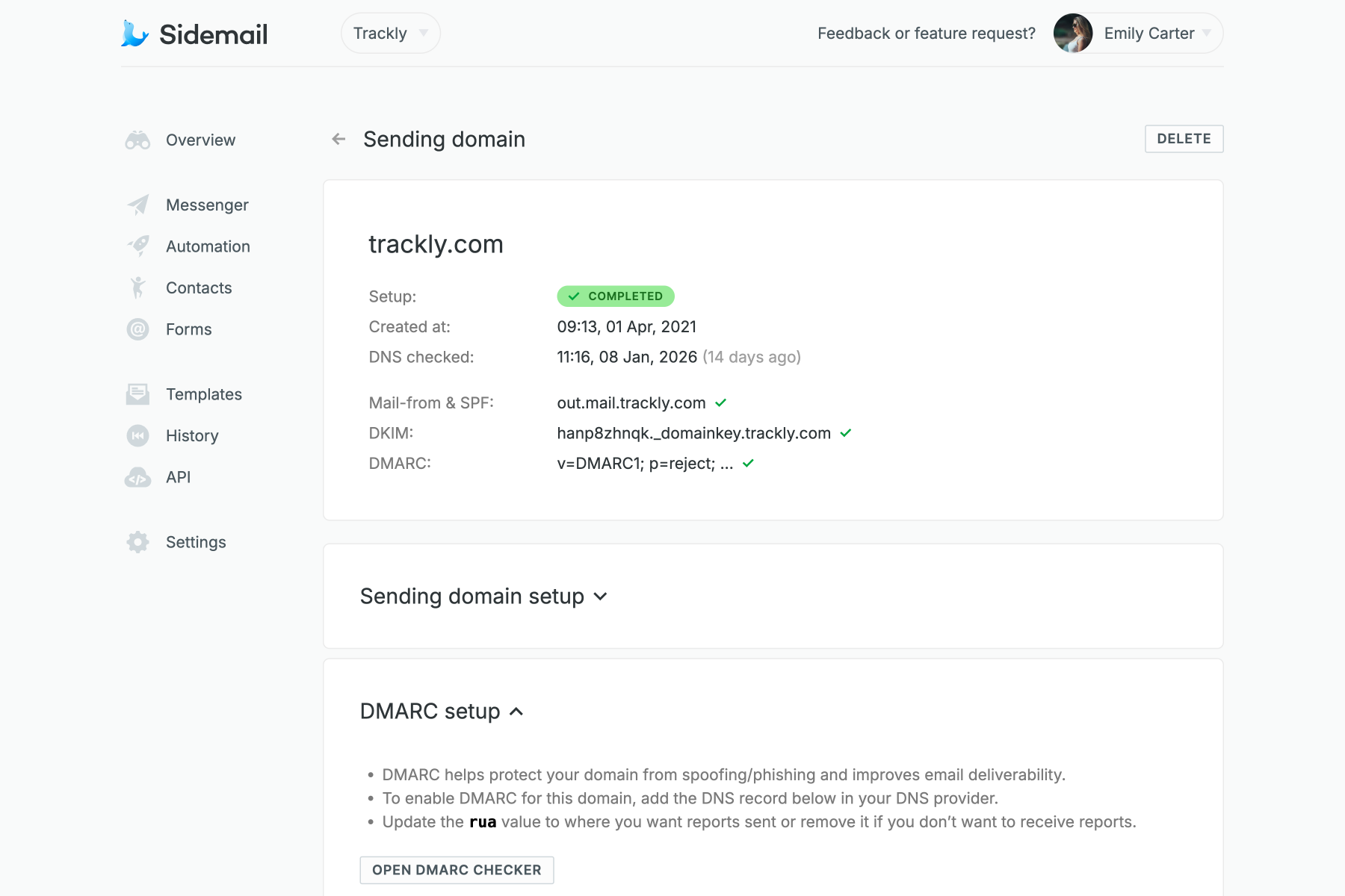 Sidemail dashboard - Domain setup page with SPF, DKIM, and DMARC records