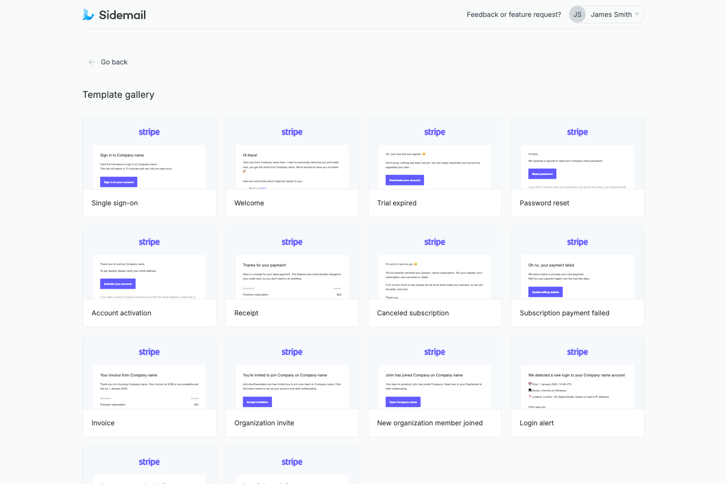 Sidemail dashboard – Pre-made email templates