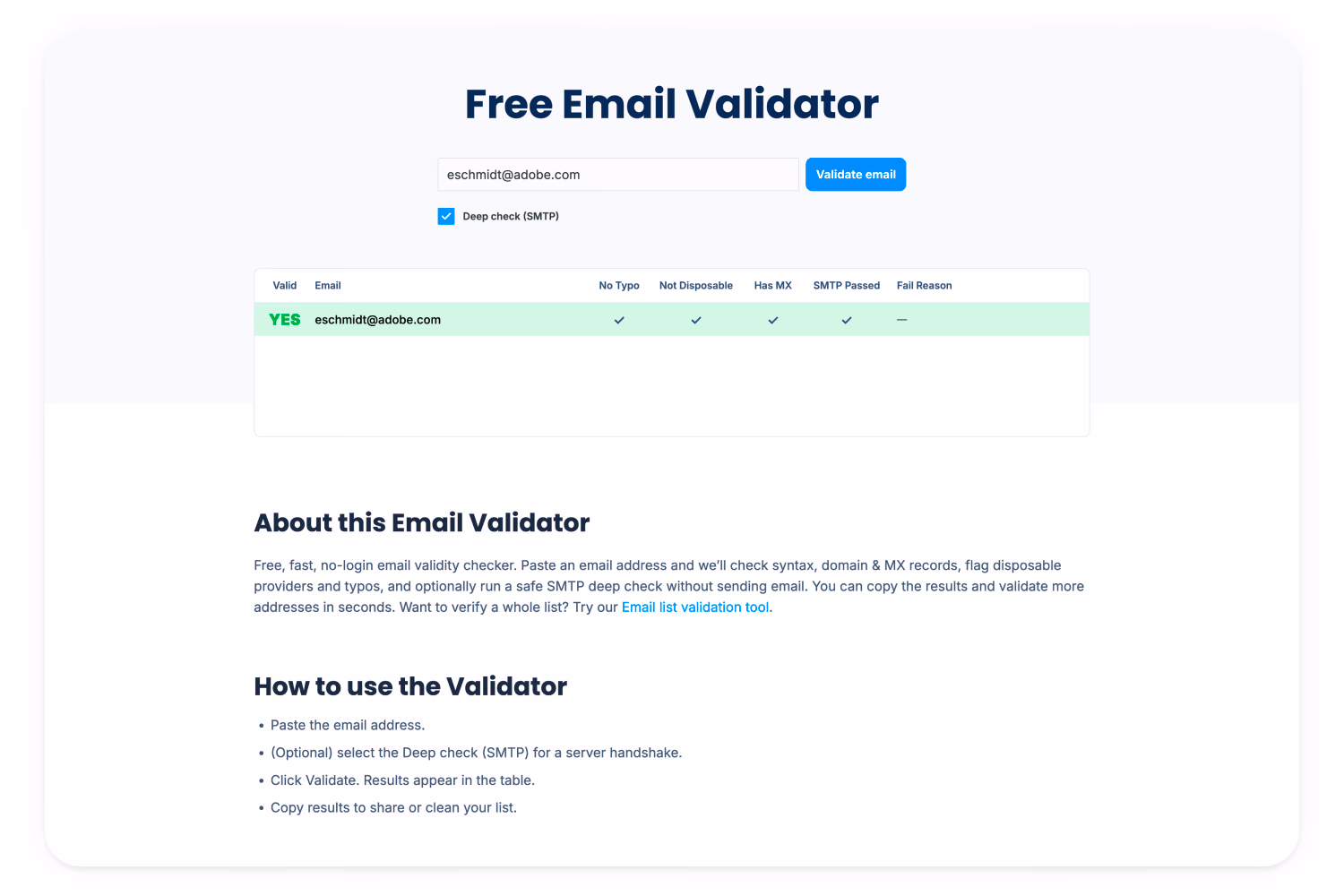 Email validator tool screenshot