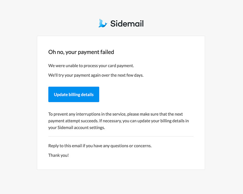 Subscription payment failed email template