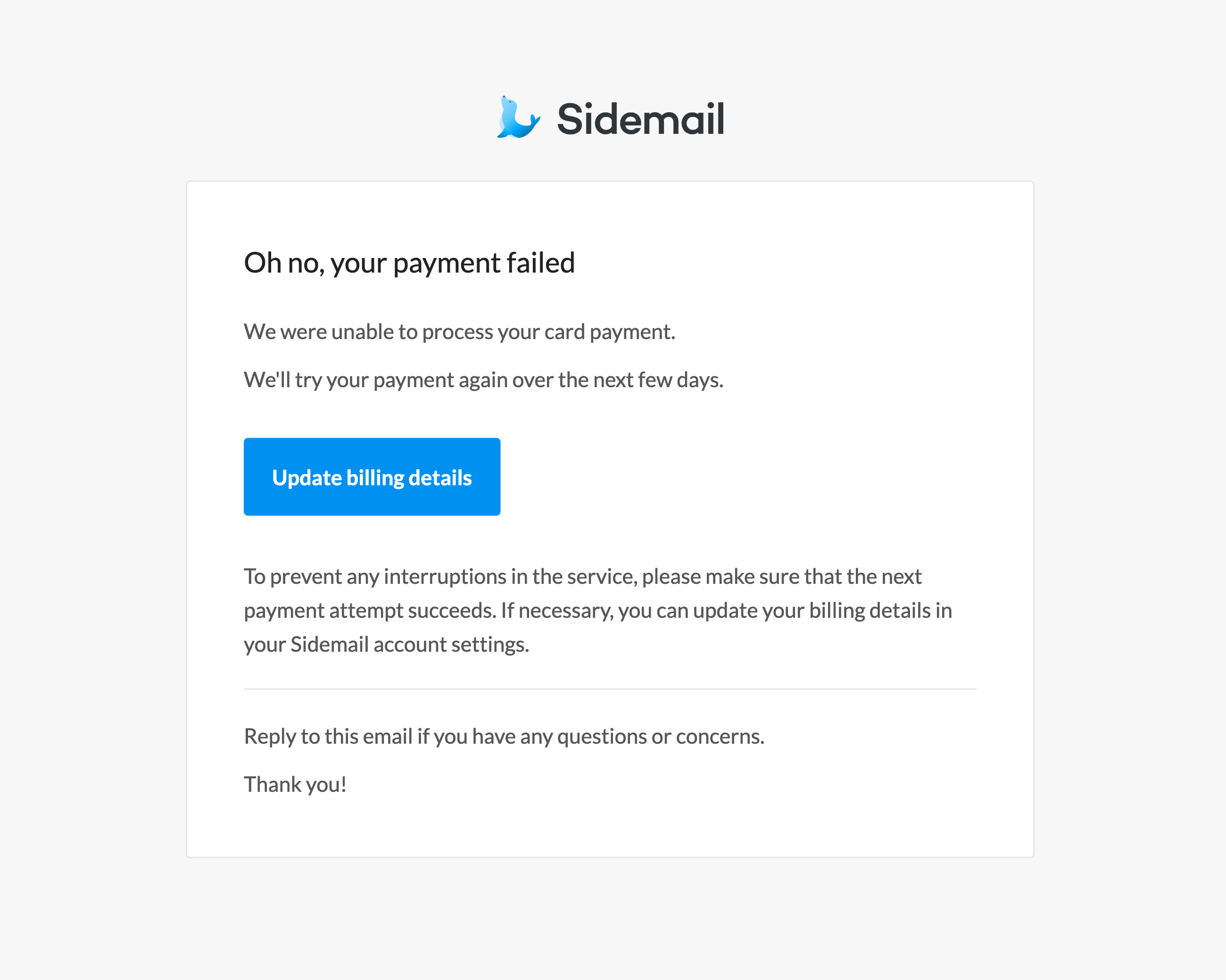 Subscription payment failed email